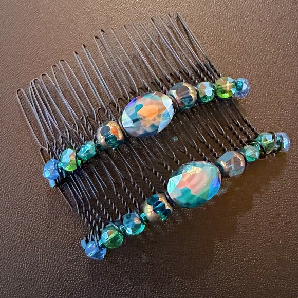 Handmade Beaded Bohemian Hair Comb Teal, Green & Blue Crystal & Glass Jet Black - Picture 6 of 7